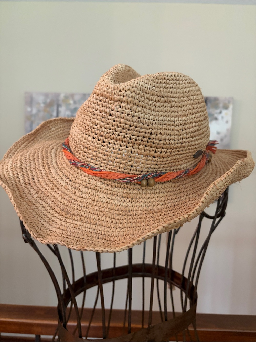 NEW Wallaroo Hat Company Catalina Cowboy Raffia Hat Orange/Cord Braided Band